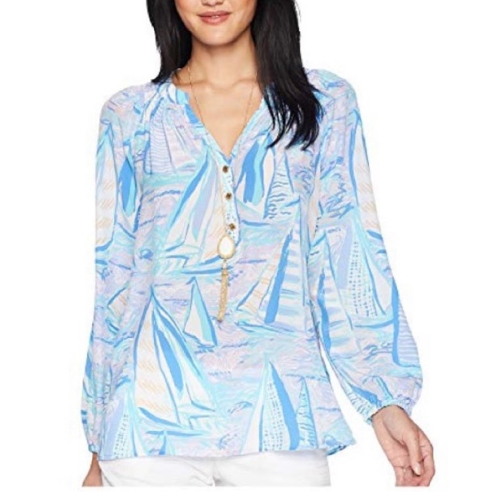 Lilly Pulitzer Women’s 100% Silk Elsa Aboat Time Blouse; Size XS